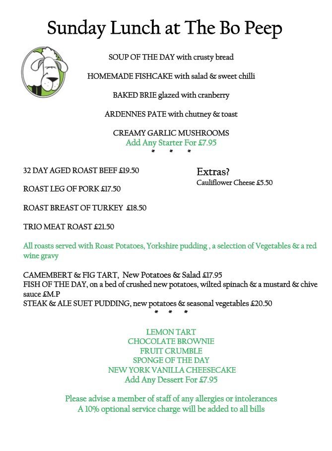 Sample Sunday Menu at The Bo-Peep